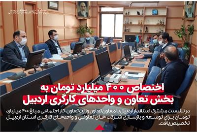 تخصیص ۴۰۰ میلیارد تومان برای توسعه و بازسازی شرکت های تعاونی و واحدهای کارگری استان اردبیل
